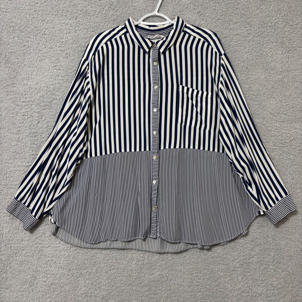 Plus Size Striped Button Front Blouse Roll Tab Sleeve Lightweight Top 3X